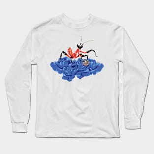 Original Red and Black Ant Praying Mantis on blue-violet rose buds sipping on some Tea. Long Sleeve T-Shirt